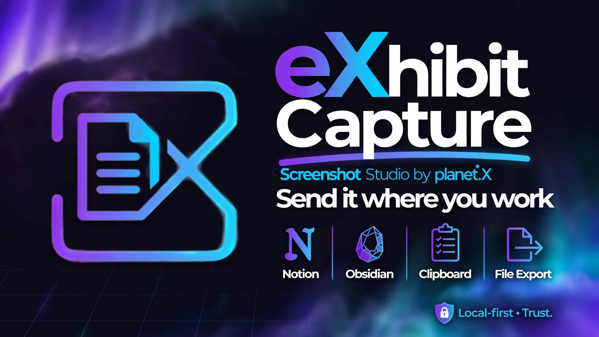 eXhibit Capture Screenshot Studio promotional artwork showing Notion, Obsidian, Clipboard, and File Export integrations