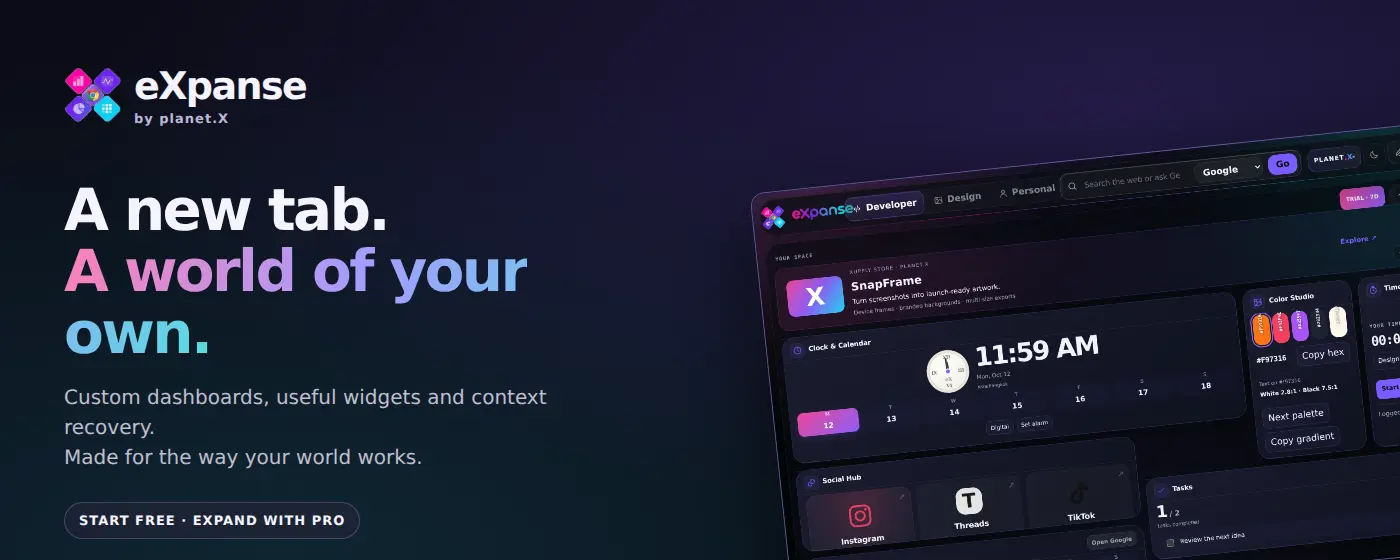eXpanse promotional artwork showing the customizable new tab dashboard with the message A new tab. A world of your own.