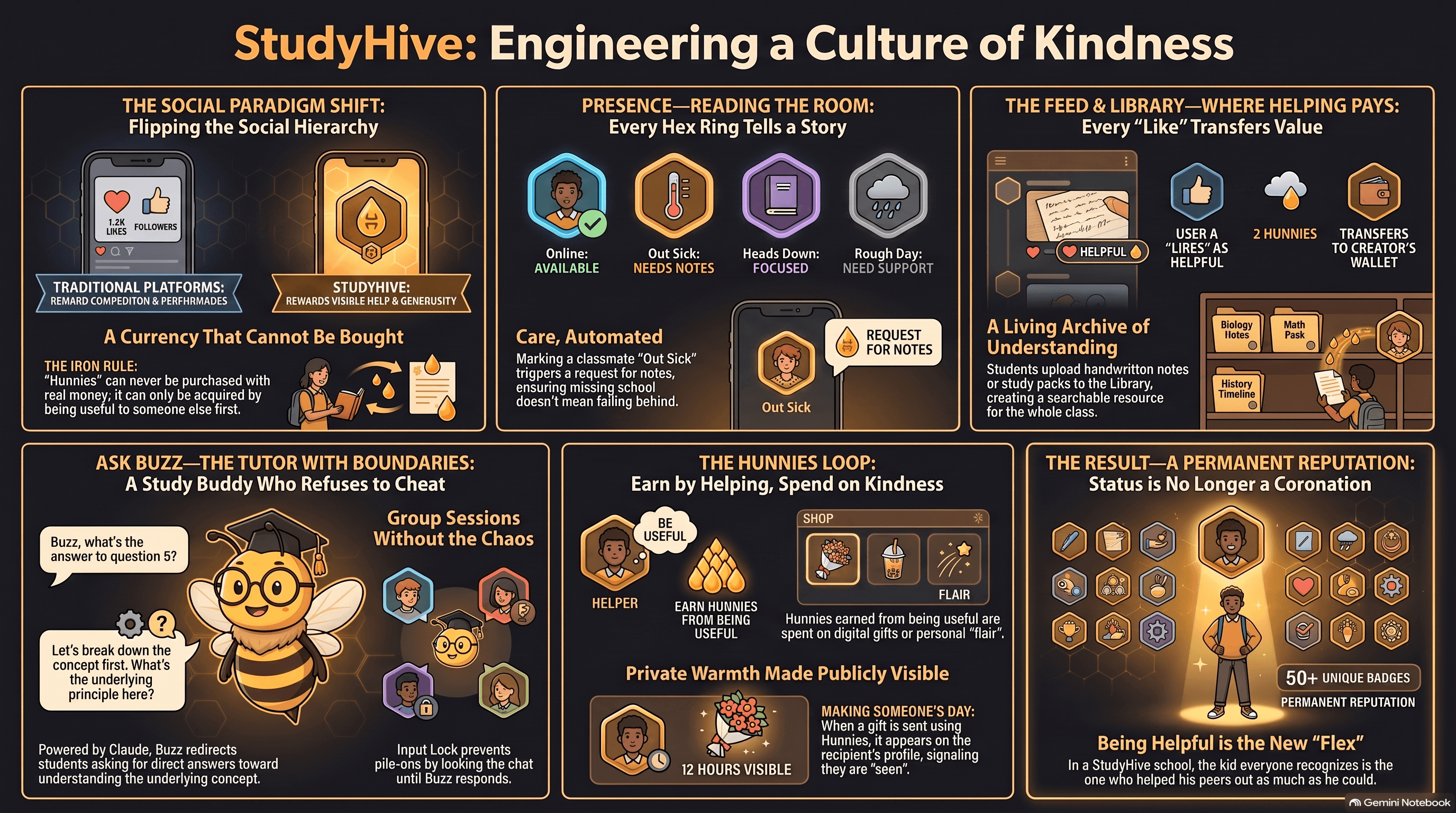 StudyHive: Engineering a Culture of Kindness — infographic covering the social paradigm shift, presence system, Hunnies economy, Buzz the AI tutor, the Feed and Library, and the reputation system