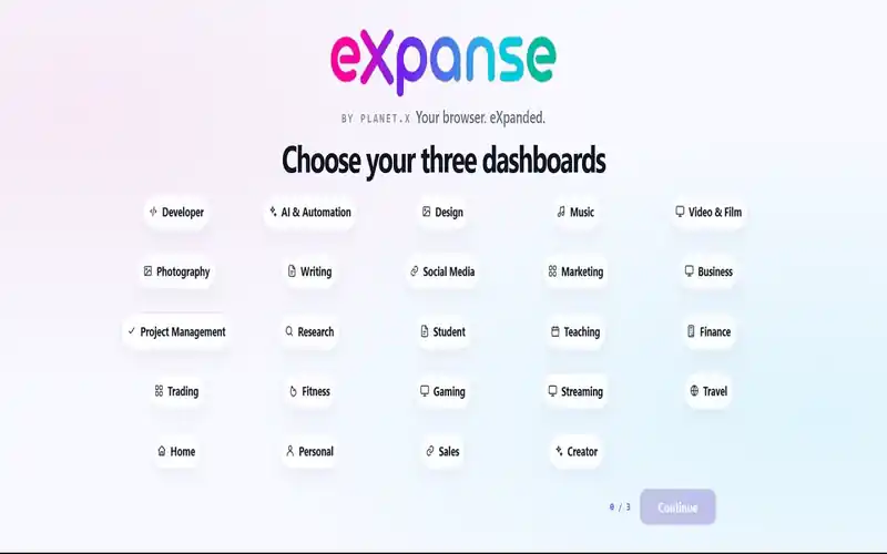 eXpanse onboarding screen for choosing three starting dashboards from workspace categories
