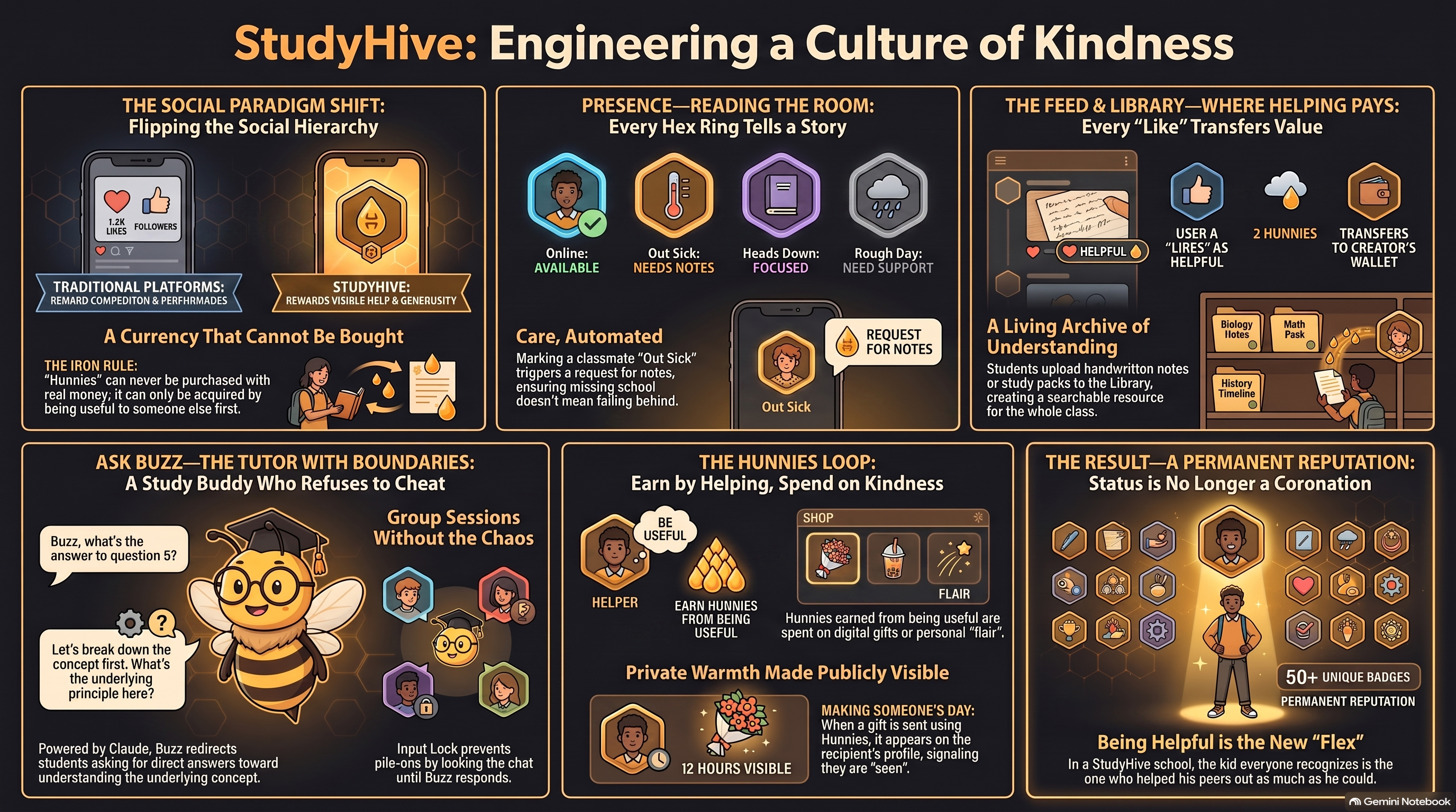 StudyHive: Engineering a Culture of Kindness — infographic covering the social paradigm shift, presence system, Hunnies economy, Buzz the AI tutor, the Feed and Library, and the reputation system